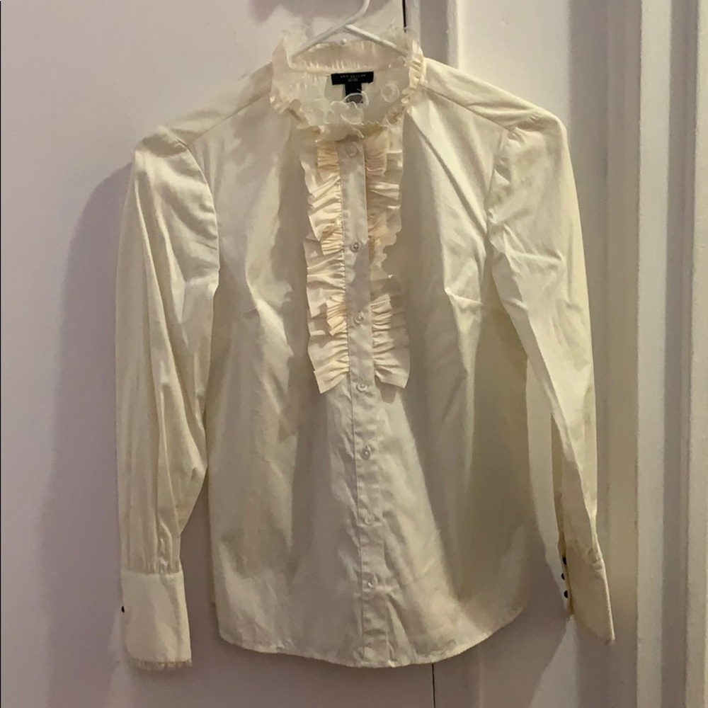 Ann Taylor Cream Ruffle Front Button-Down Shirt